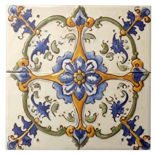 ヴィンテージフローラブルーフラワーオンホワイトグリーン&イエロー タイル (正面)