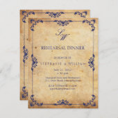 ヴィンテージフローラブルーモノグラムリハーサルディナーカード 招待状 (正面/裏面)