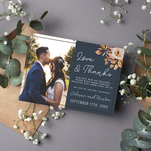 ヴィンテージフローラブルー秋のドライフラワーサンキュー サンキューカード