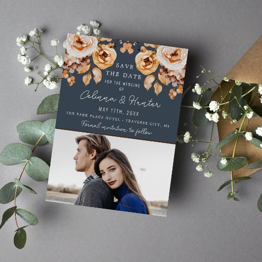 ヴィンテージフローラブルー秋のドライフラワー結婚ズ セーブザデート