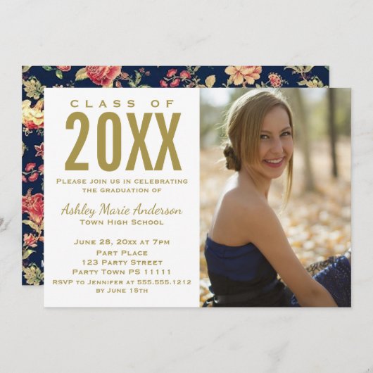 ヴィンテージフローラブルー金ゴールド卒業パーティーの写真 招待状 (正面/裏面)