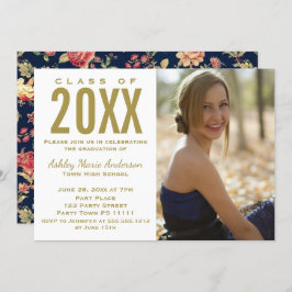 ヴィンテージフローラブルー金ゴールド卒業パーティーの写真 招待状