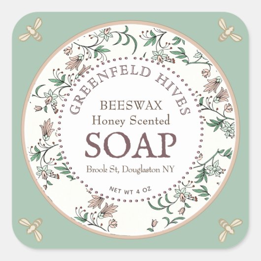ヴィンテージフローラプリントハチ春グリーンSOAPラベル スクエアシール (正面)