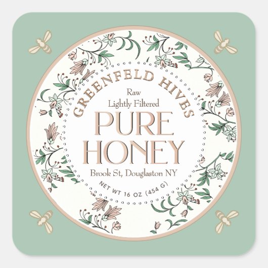 ヴィンテージフローラプリントミツバチ春グリーンローハニー スクエアシール (正面)