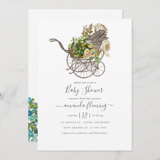 ヴィンテージフローラベビーキャリッジベビーシャワー 招待状 (正面/裏面)