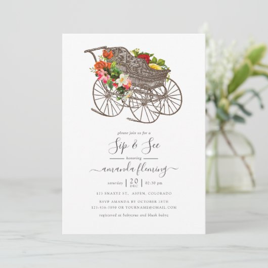 ヴィンテージフローラベビーキャリッジベビーシャワーSip & See 招待状 (スタンド正面)