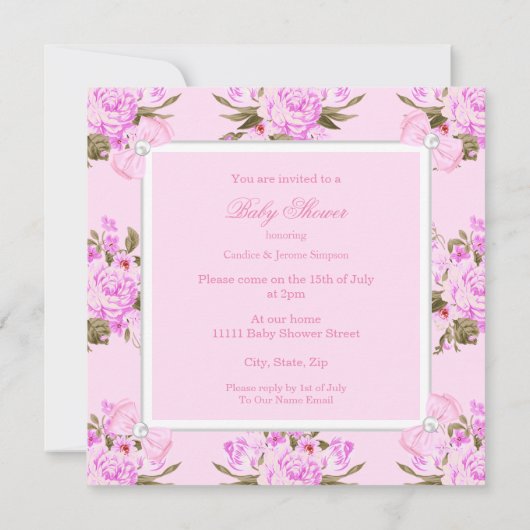 ヴィンテージフローラベビーシャワーガールピンクベアーエスニック 招待状 (裏面)