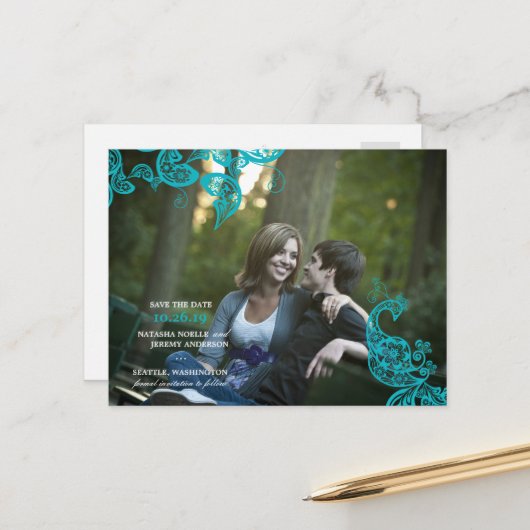 ヴィンテージフローラペイズリーPeacock Photo Save The Date 案内ポストカード (正面/裏面インサイチュ)