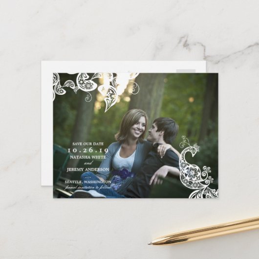 ヴィンテージフローラペイズリーPeacock Photo Save The Date 案内ポストカード (正面/裏面インサイチュ)