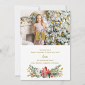 ヴィンテージフローラホリデークリスマスフォト葉金ゴールド 招待状 (正面)