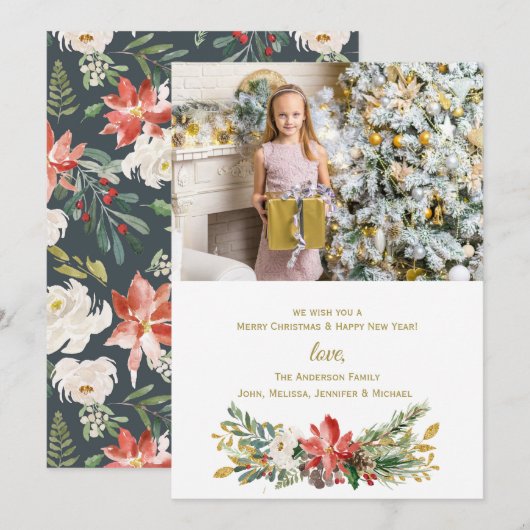 ヴィンテージフローラホリデークリスマスフォト葉金ゴールド 招待状 (正面/裏面)