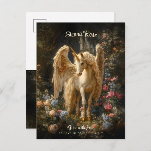 ヴィンテージフローラホワイトフォレストユニコーンファンタジーアート ポストカード (正面/裏面)