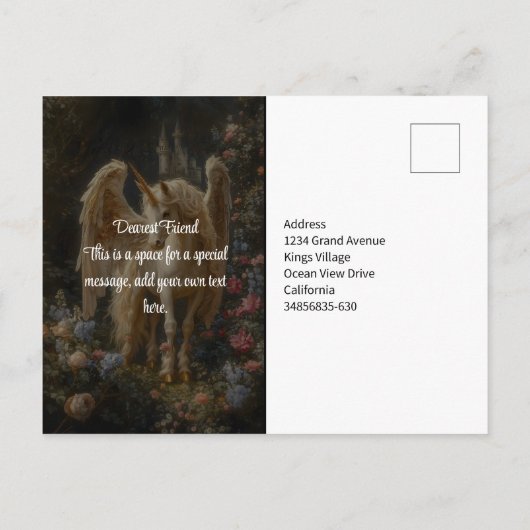 ヴィンテージフローラホワイトフォレストユニコーンファンタジーアート ポストカード (裏面)