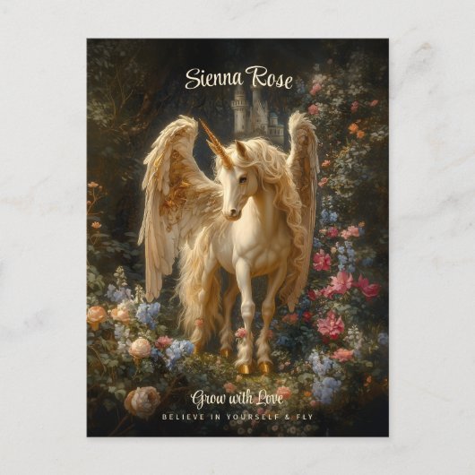 ヴィンテージフローラホワイトフォレストユニコーンファンタジーアート ポストカード (正面)