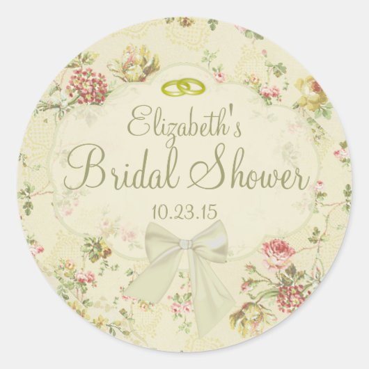 ヴィンテージフローラホワイトボウブライダルシャワー ラウンドシール (正面)