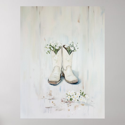 ヴィンテージフローラホワイト女性のカーボーイブーツイラストレーション ポスター (正面)