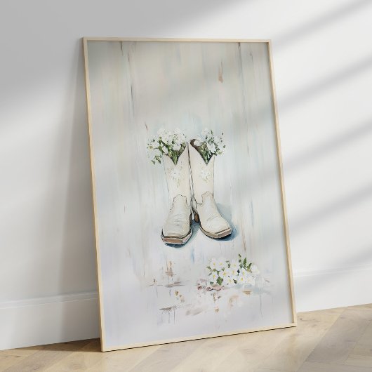 ヴィンテージフローラホワイト女性のカーボーイブーツイラストレーション ポスター
