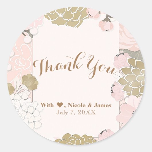 ヴィンテージフローラボタニカルグラム赤面ピンク&金ゴールド ラウンドシール (正面)