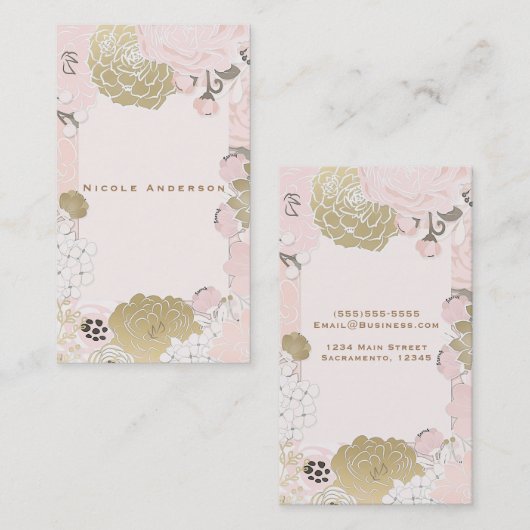 ヴィンテージフローラボタニカルグラム赤面ピンク&金ゴールド 名刺 (正面/裏面)