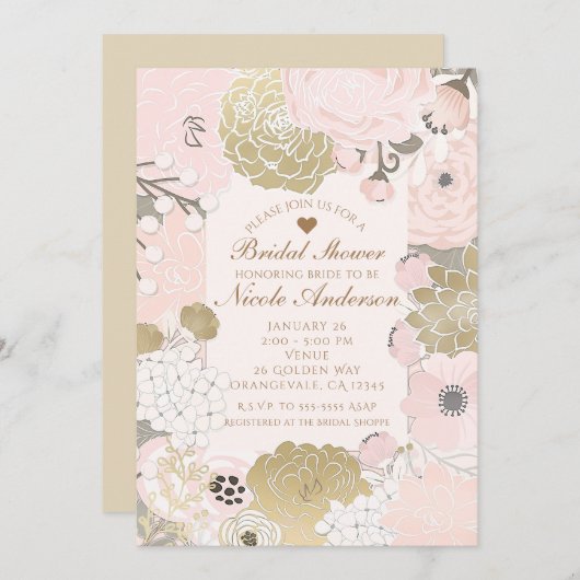 ヴィンテージフローラボタニカルグラム赤面ピンク&金ゴールド 招待状 (正面/裏面)