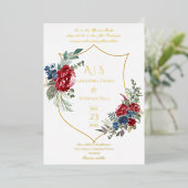 ヴィンテージフローラマゼンタクレストモノグラム結婚ズ 箔招待状 (立ち正面)