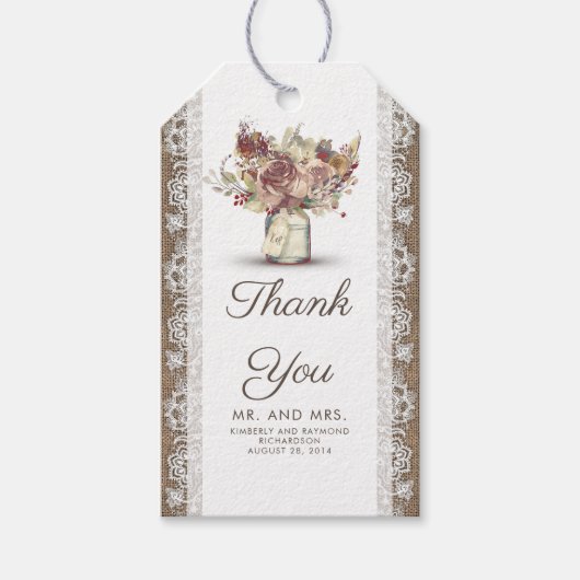 ヴィンテージフローラメイスンジャール素朴とバーラップレース ギフトタグ (正面)