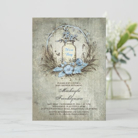 ヴィンテージフローラメイスンジャー素朴な青い赤ちゃんシャワー 招待状 (スタンド正面)