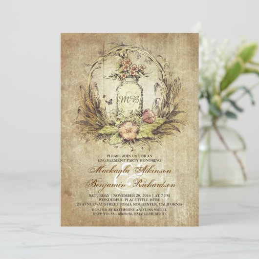 ヴィンテージフローラメイスンジャー素朴婚約パーティ 招待状 (スタンド正面)