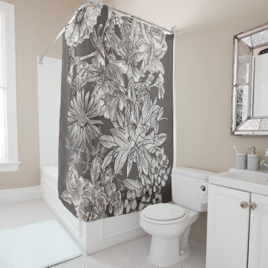 ヴィンテージフローラモダンアイボリーグレイ植物学素朴 シャワーカーテン (インサイチュ)
