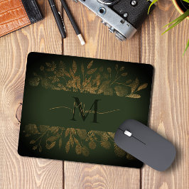 ヴィンテージフローラモノグラガーリームグリーン&金ゴールドグリッター マウスパッド