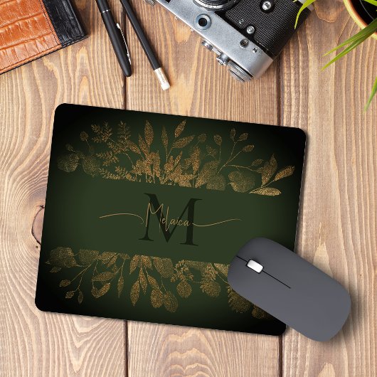 ヴィンテージフローラモノグラガーリームグリーン&金ゴールドグリッター マウスパッド