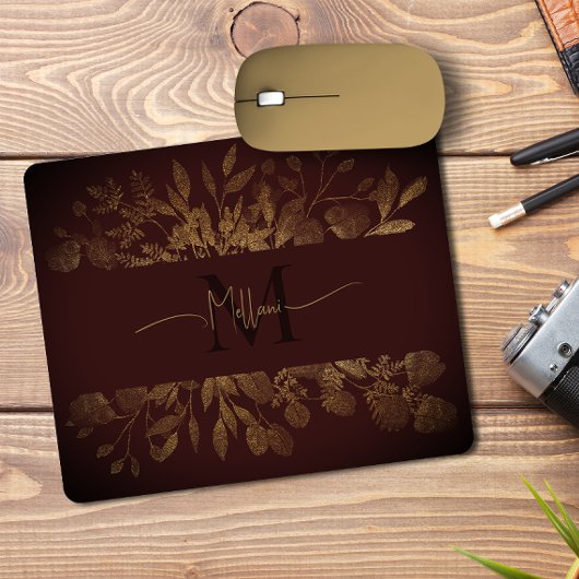ヴィンテージフローラモノグラムガーリーブラウン&金ゴールドグリッター マウスパッド