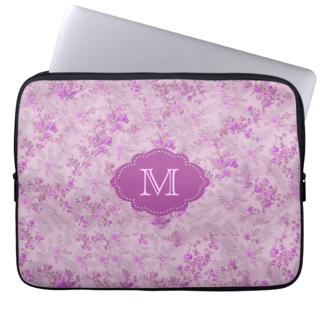 ヴィンテージフローラモノグラムケース、紫の色合い ラップトップスリーブ (正面)