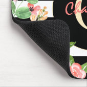 ヴィンテージフローラモノグラム白黒ストライプのカスタム マウスパッド (コーナー)