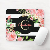 ヴィンテージフローラモノグラム白黒ストライプのカスタム マウスパッド (マウス)