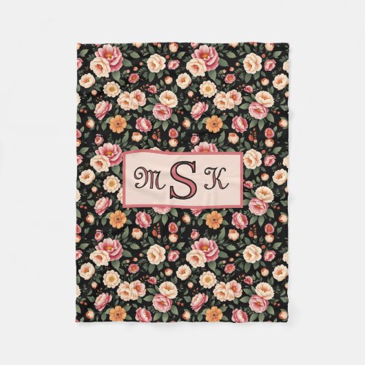 ヴィンテージフローラモノグラム赤面ピンクローズ フリースブランケット (正面)