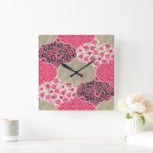 ヴィンテージフローラモロッコパターンピンク スクエア壁時計 (ホーム)