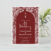 ヴィンテージフローララインアーチモノグラムバーガンディ結婚ズ 招待状 (スタンド正面)
