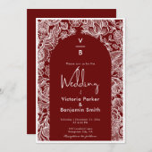 ヴィンテージフローララインアーチモノグラムバーガンディ結婚ズ 招待状 (正面/裏面)