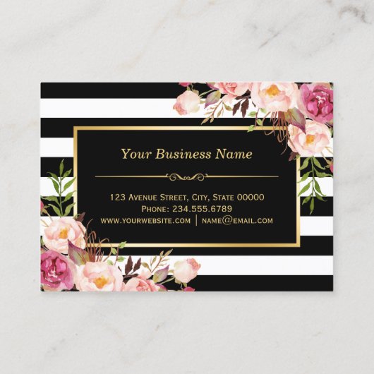 ヴィンテージフローララッピングのまわりに白黒ストライプ 名刺 (裏面)