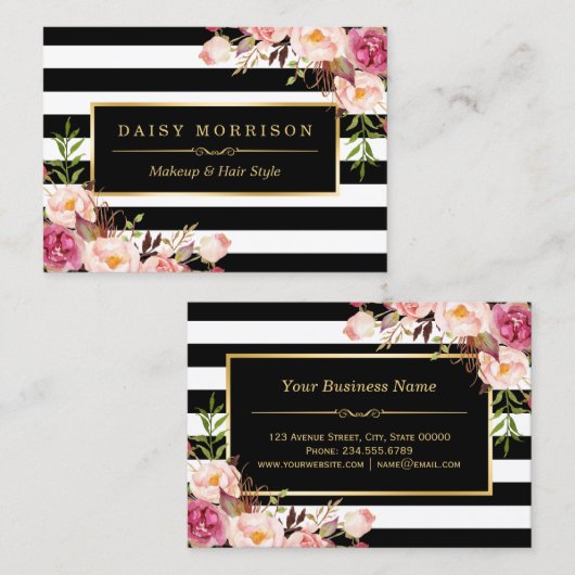 ヴィンテージフローララッピングのまわりに白黒ストライプ 名刺 (正面/裏面)