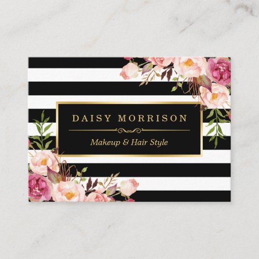 ヴィンテージフローララッピングのまわりに白黒ストライプ 名刺 (正面)