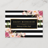 ヴィンテージフローララッピングのまわりに白黒ストライプ 名刺 (正面)