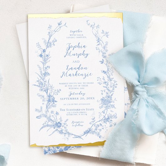 ヴィンテージフローラリースダスティブルー結婚ズ金ゴールド 箔招待状