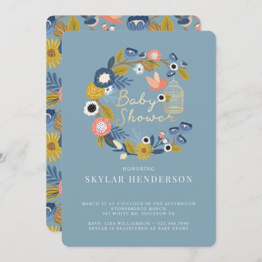 ヴィンテージフローラリースバードケージママ&ベビーバード 招待状 (正面/裏面)