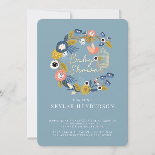 ヴィンテージフローラリースバードケージママ&ベビーバード 招待状 (正面)