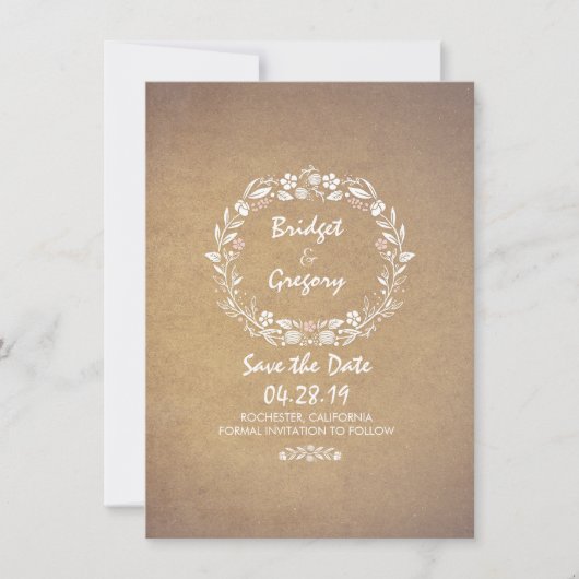 ヴィンテージフローラリース日付招待状の保存 セーブザデート (正面)