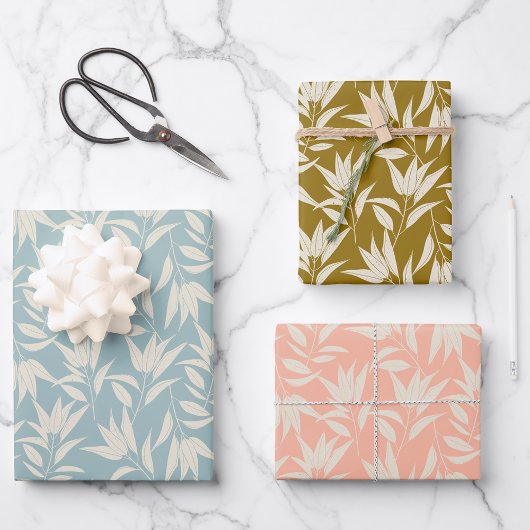 ヴィンテージフローラリーフティール（緑がかった色）マスタードピーチ ラッピングペーパーシート