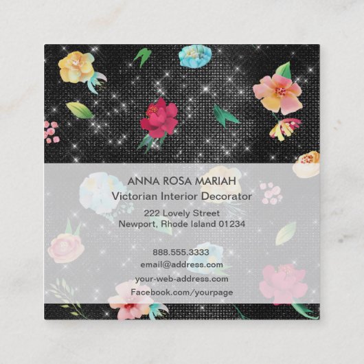 *~*ヴィンテージフローラルパタモダンーンシルバーグリッター スクエア名刺 (裏面)