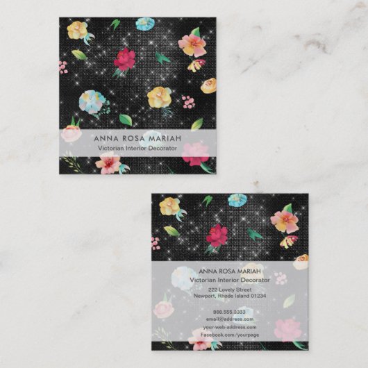 *~*ヴィンテージフローラルパタモダンーンシルバーグリッター スクエア名刺 (正面/裏面)